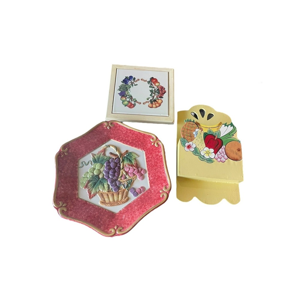 Vintage Fruit Kitchen Decor Bundle Plaque Plate Wall Pocket Cottagecore